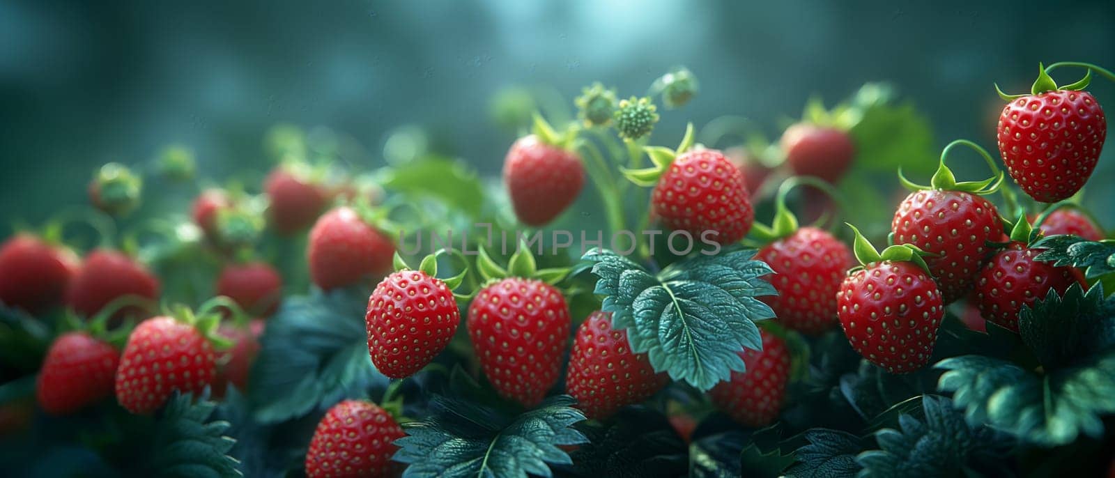 Ripe strawberries with leaves on a dark background. by Fischeron