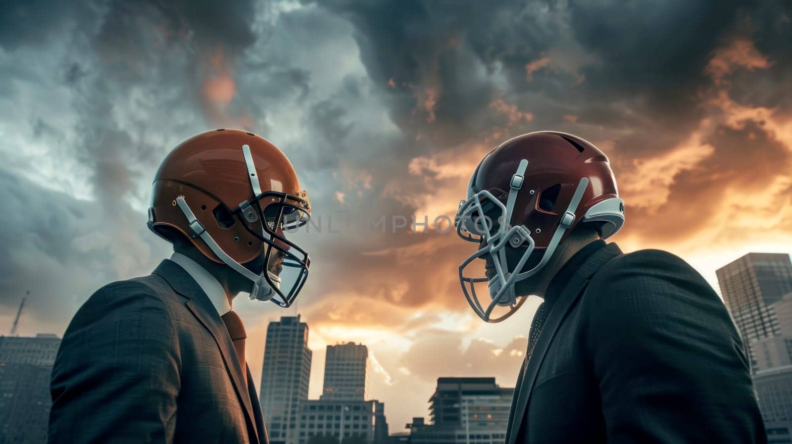 Businessmen in football helmets facing off against cityscape. Concept competition and strategy..