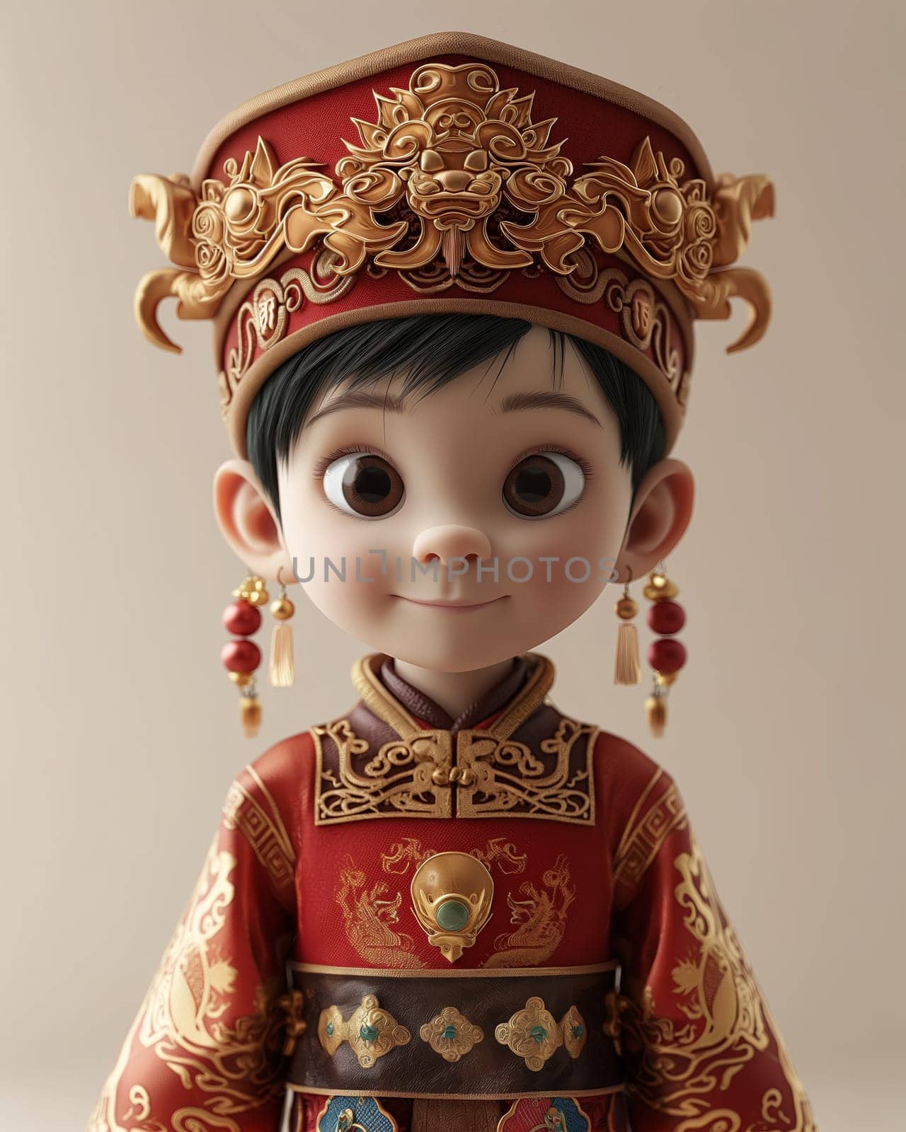 Cartoon, 3D boy in national traditional Asian attire. Selective focus.