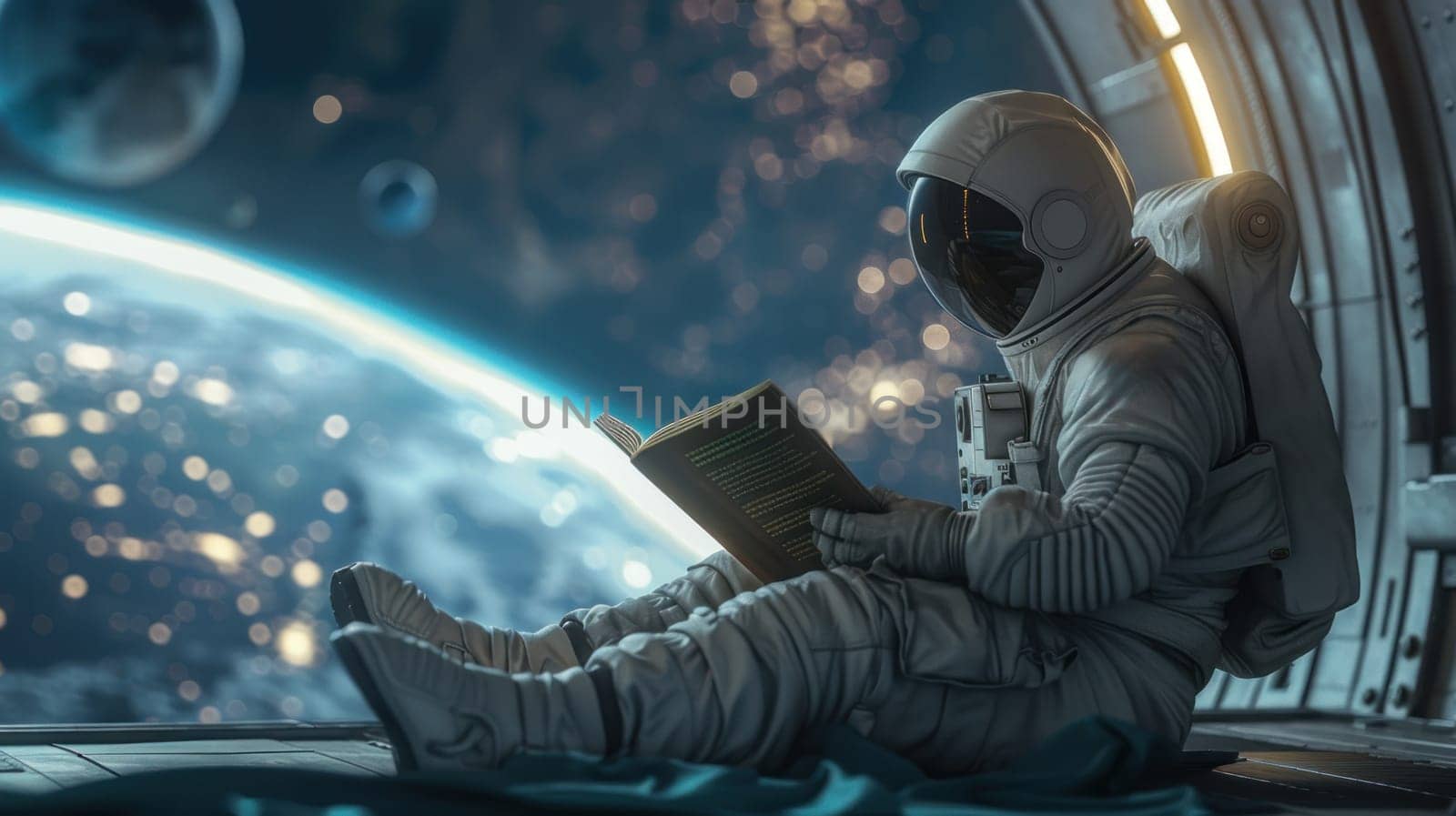 Astronaut reading a glowing, futuristic storybook, floating in a serene space station with Earth visible in the background.