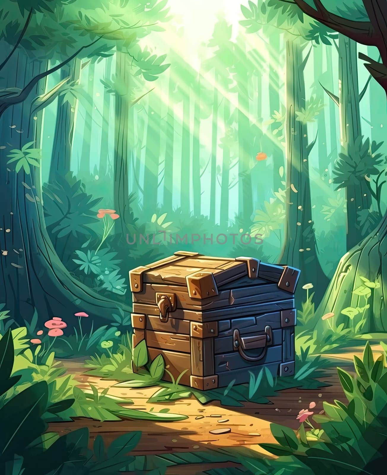 Illustration of a wooden chest in the forest. by Fischeron