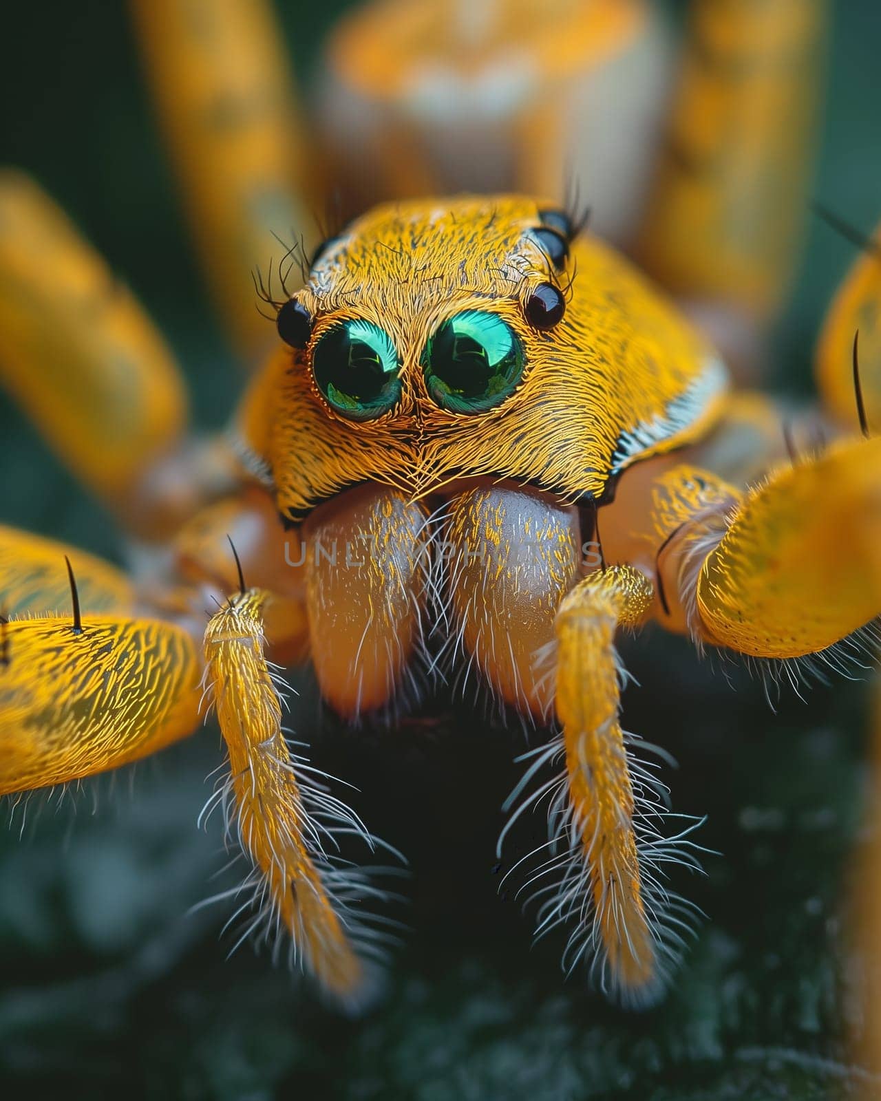 Yellow Spider With Green Eyes Close Up. by Fischeron