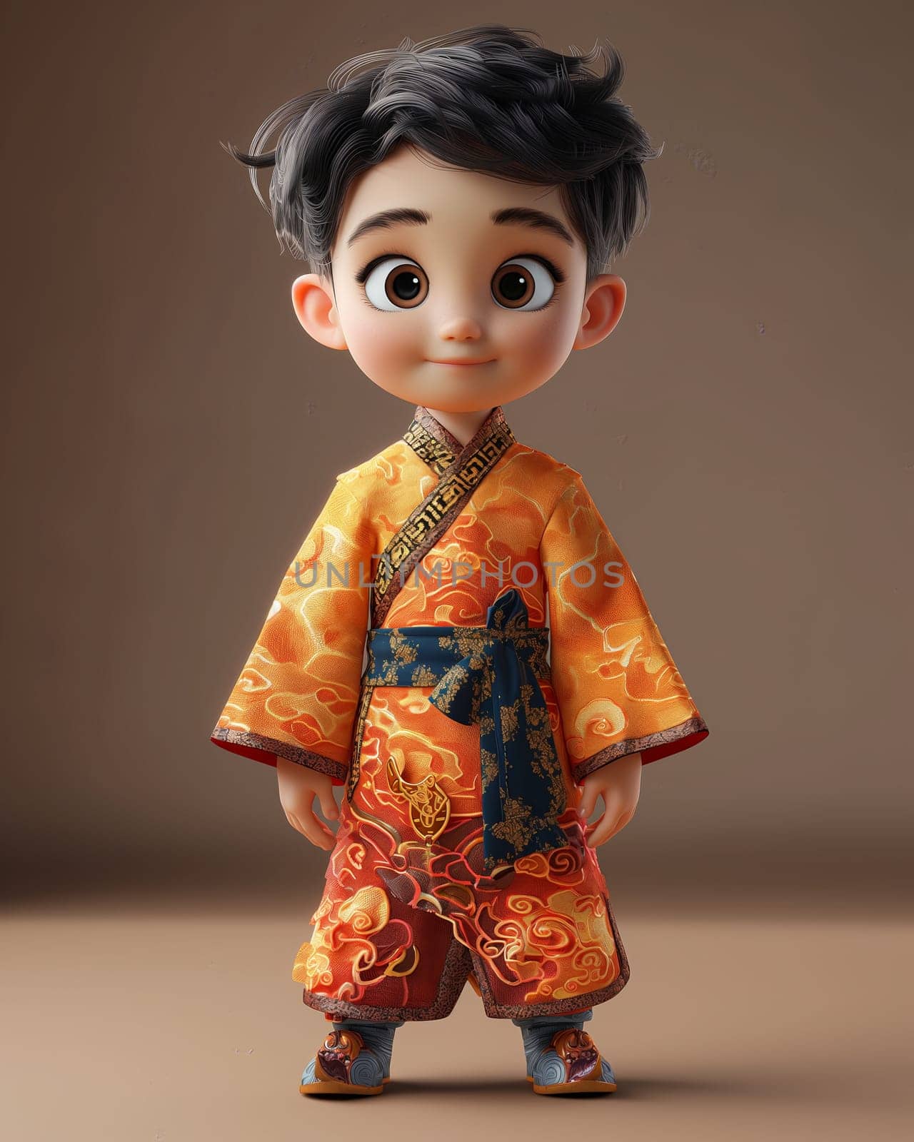 Cartoon, 3D boy in national traditional Asian attire. Selective focus.