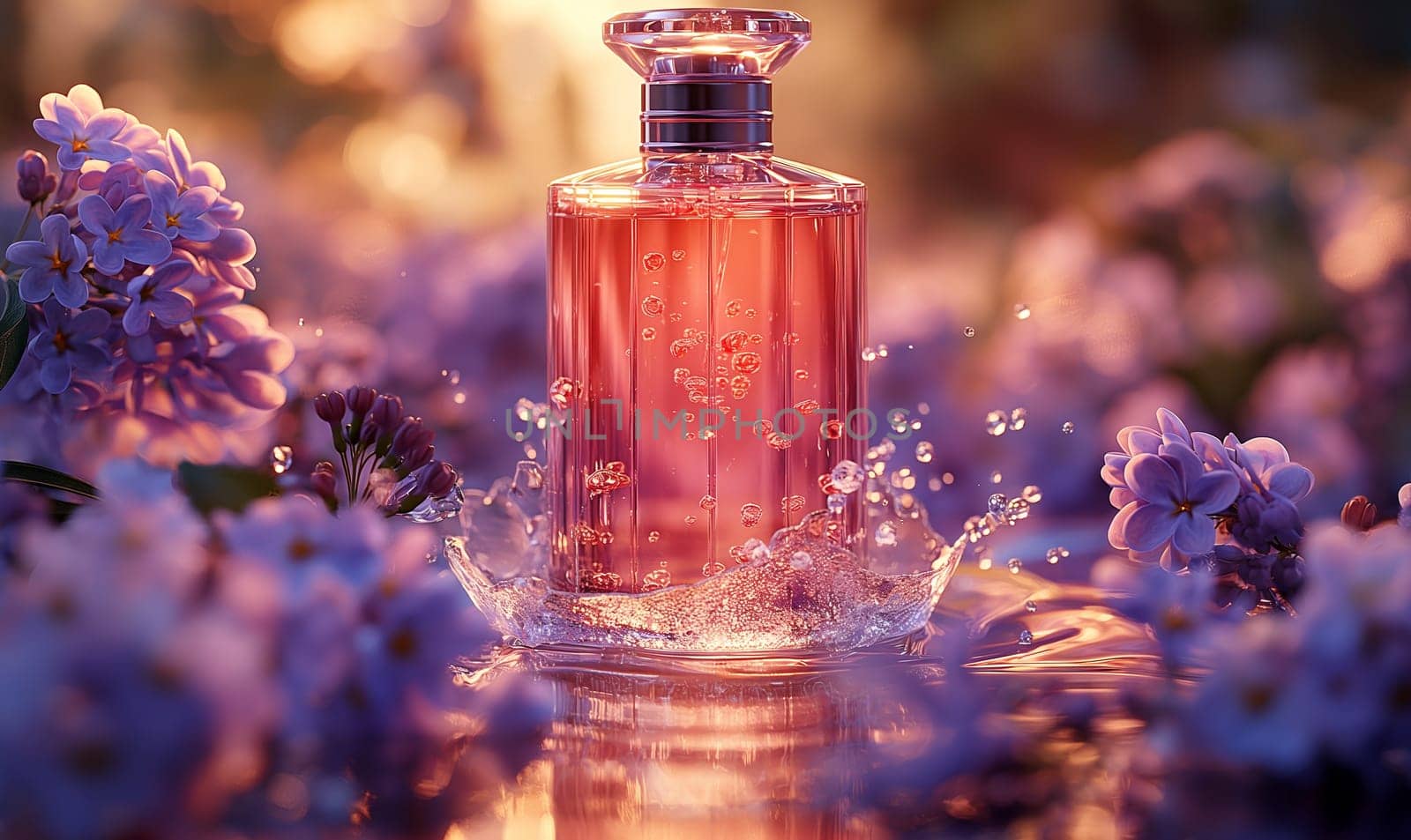 Elegant Perfume Bottle Amidst Lilac Flowers. Selective focus