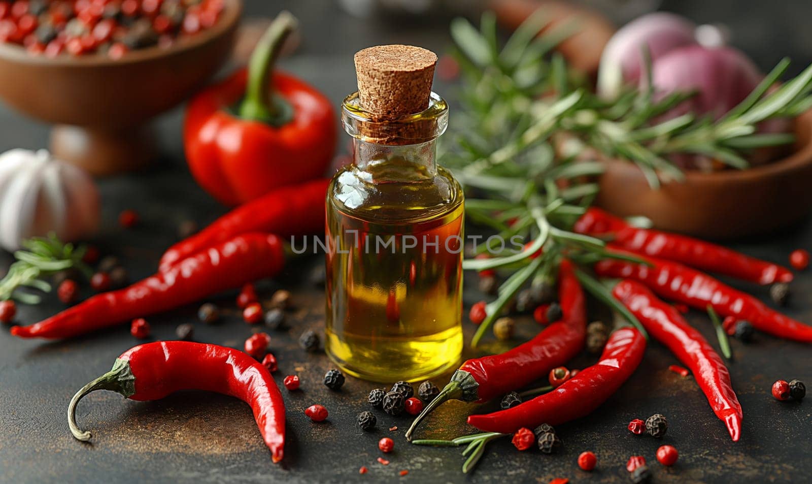 Bottle of Olive Oil and Spices on Table. Selective soft focus.