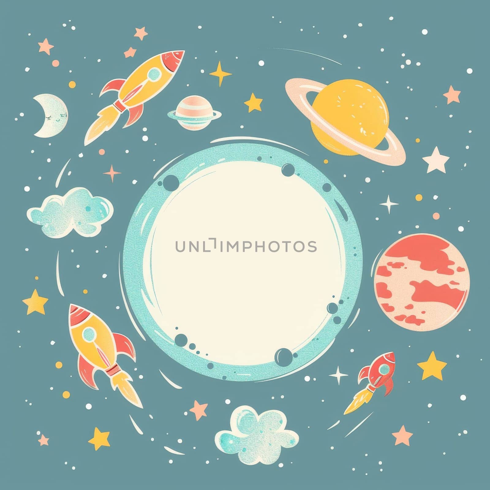 A blue background with a white circle and a bunch of rockets and planets