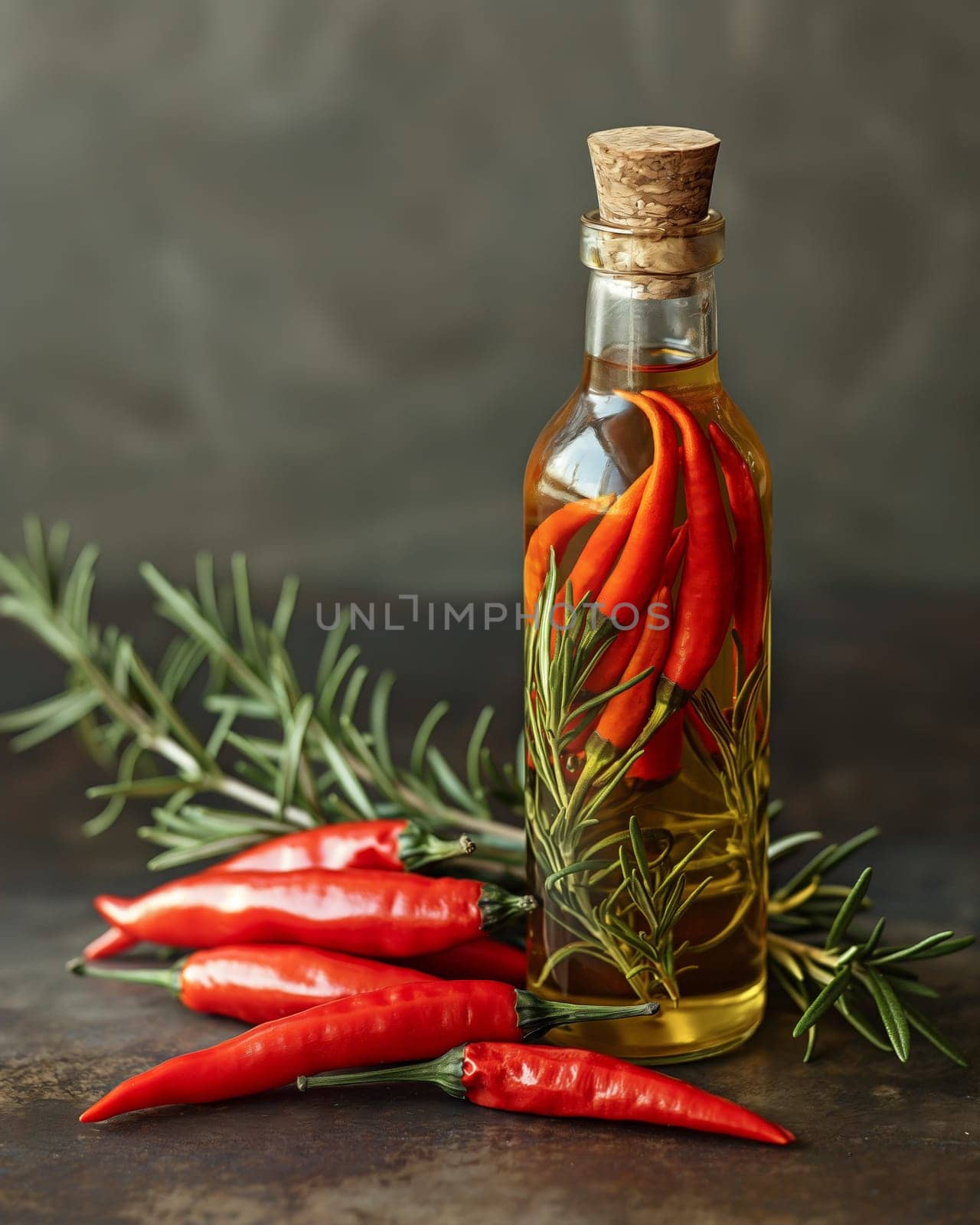 Bottle of Olive Oil and Spices on Table. by Fischeron