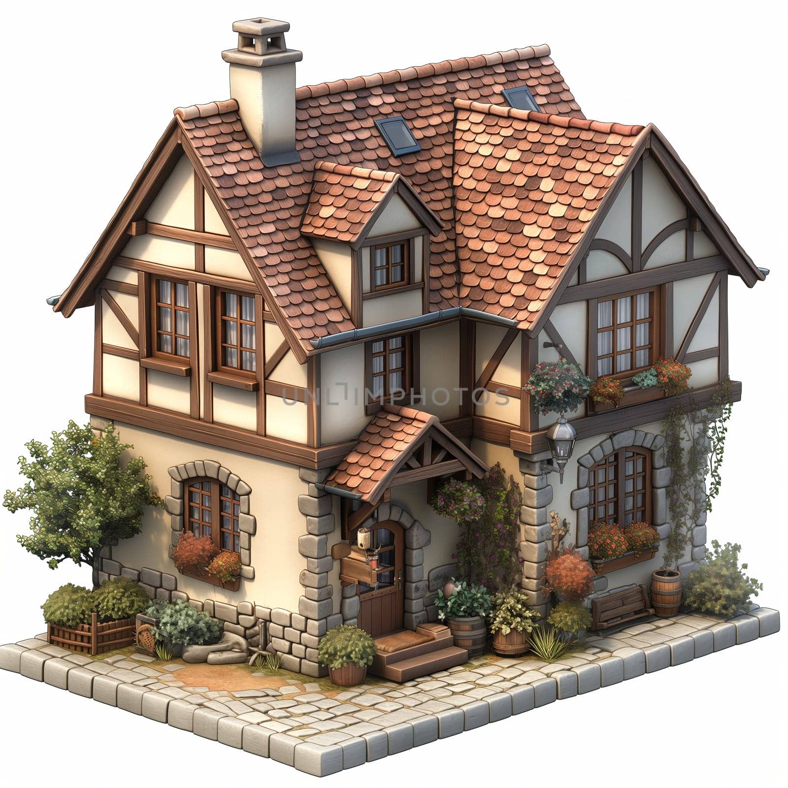 Detailed 3D model of a house with a complex wooden frame. Selective soft focus.