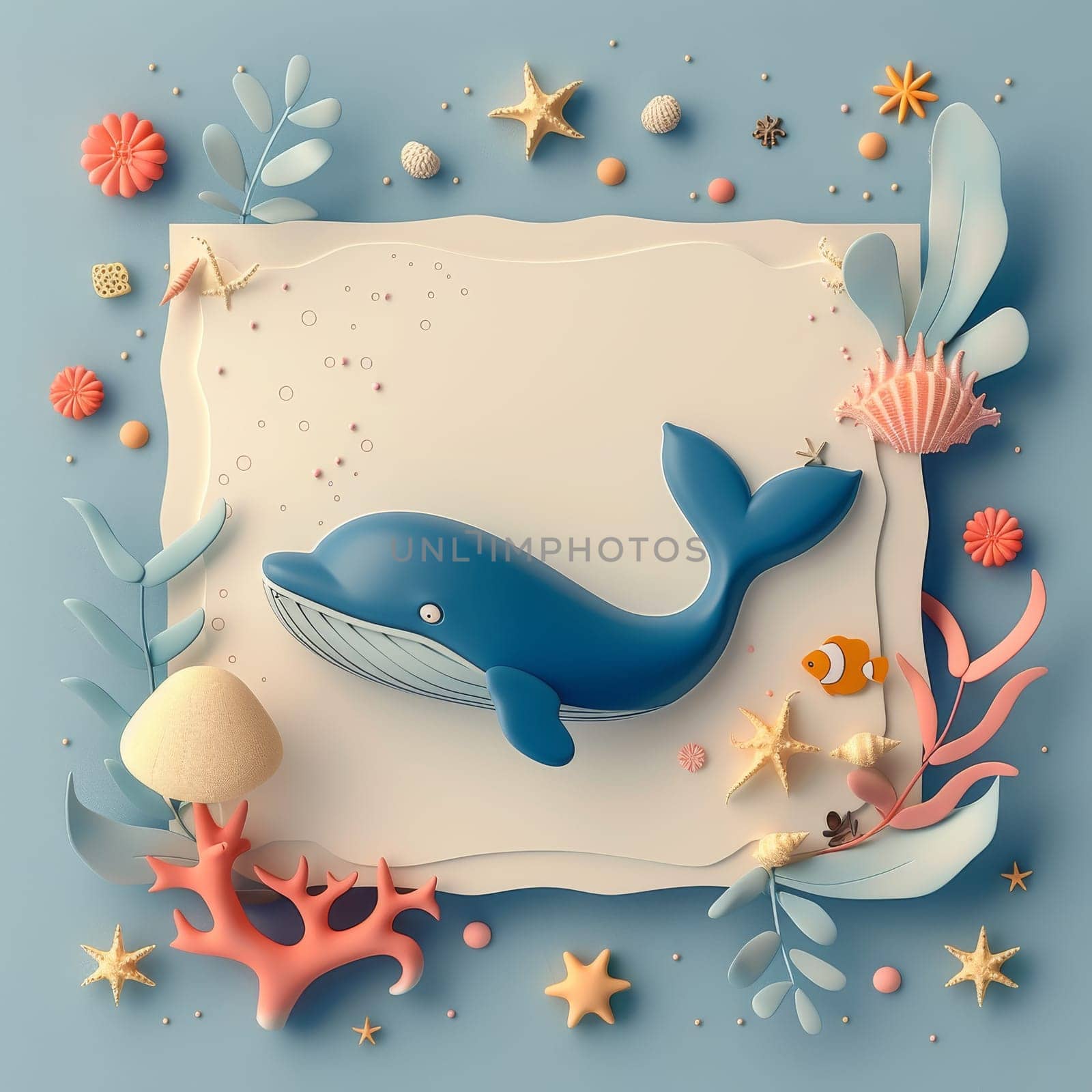 A blue whale is surrounded by a variety of sea creatures and plants. Concept of wonder and curiosity about the ocean and its inhabitants