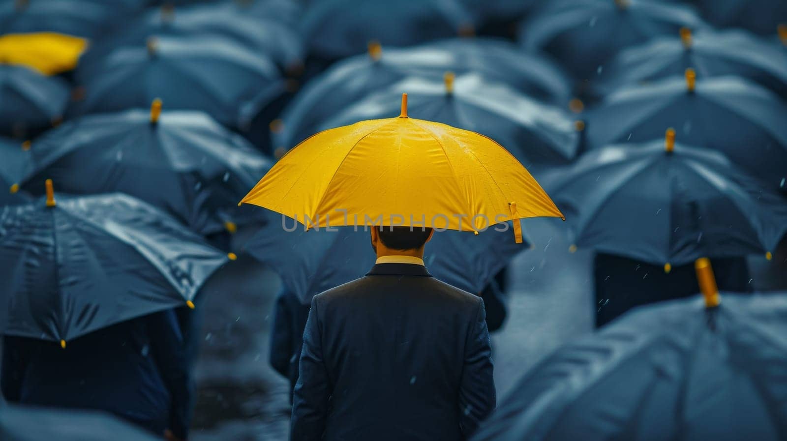 A man is standing in the rain with a yellow umbrella. Concept of solitude and isolation, as the man is the only one holding an umbrella in the midst of a crowd of people