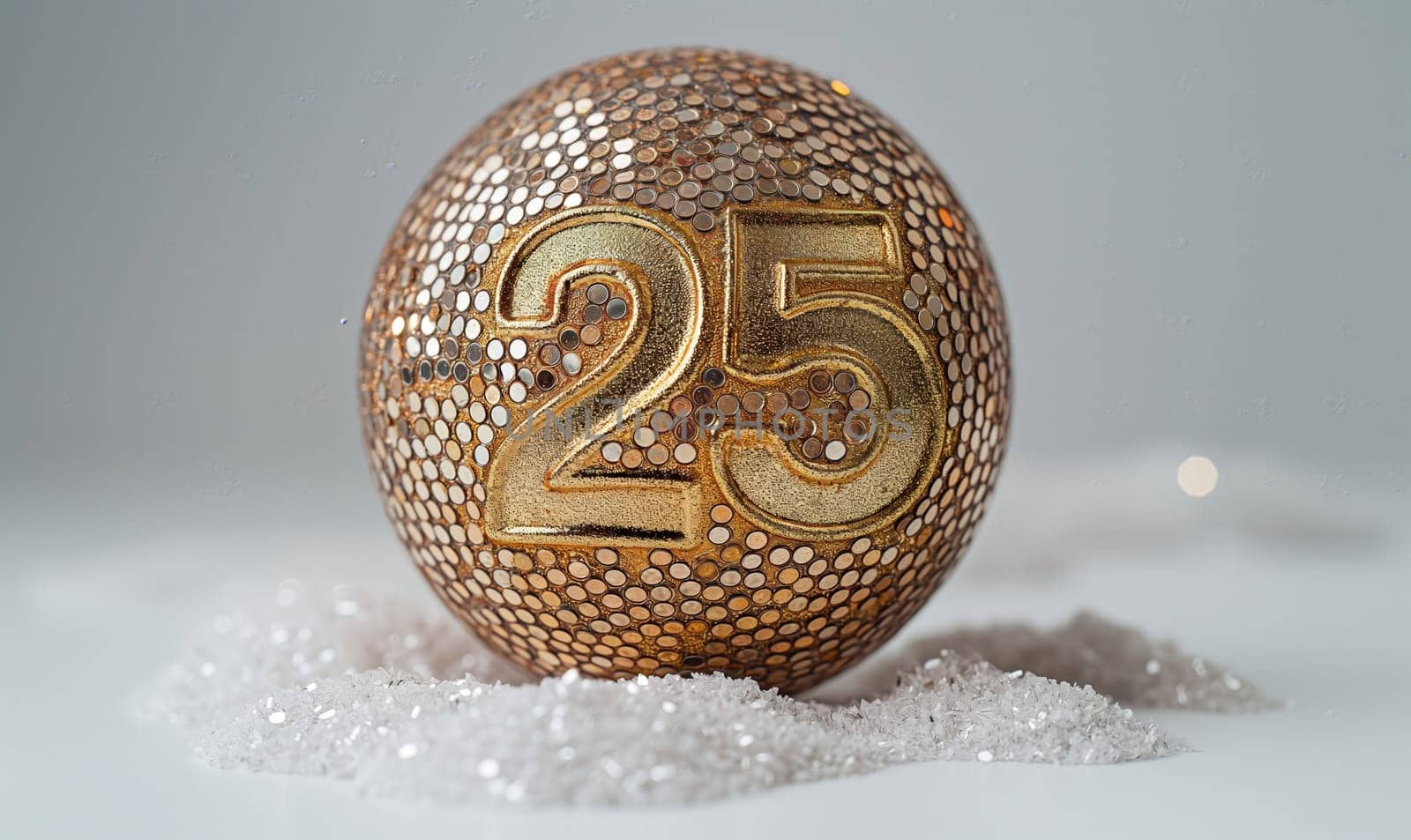 Golden ball with a number 25 on a white background. Selective focus.