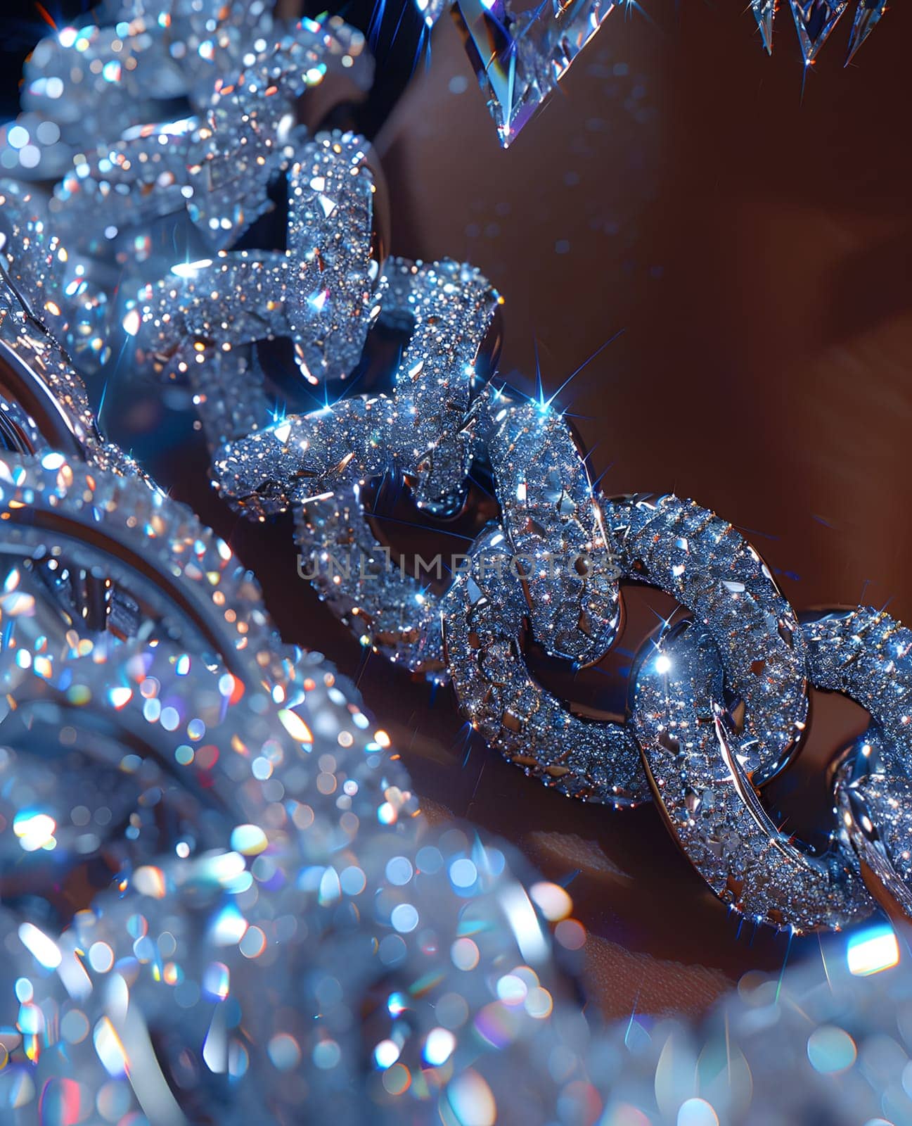 A closeup of an electric blue chain with dazzling diamonds, resembling the scaled skin of a marine reptile. A unique fashion accessory inspired by terrestrial plants and macro photography