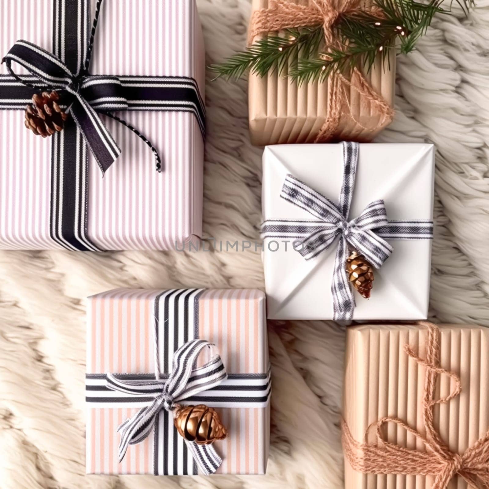 Holiday gifts and presents, country cottage rustic style gift boxes for Christmas, boxing day and holidays shopping flatlay, post-processed, generative ai