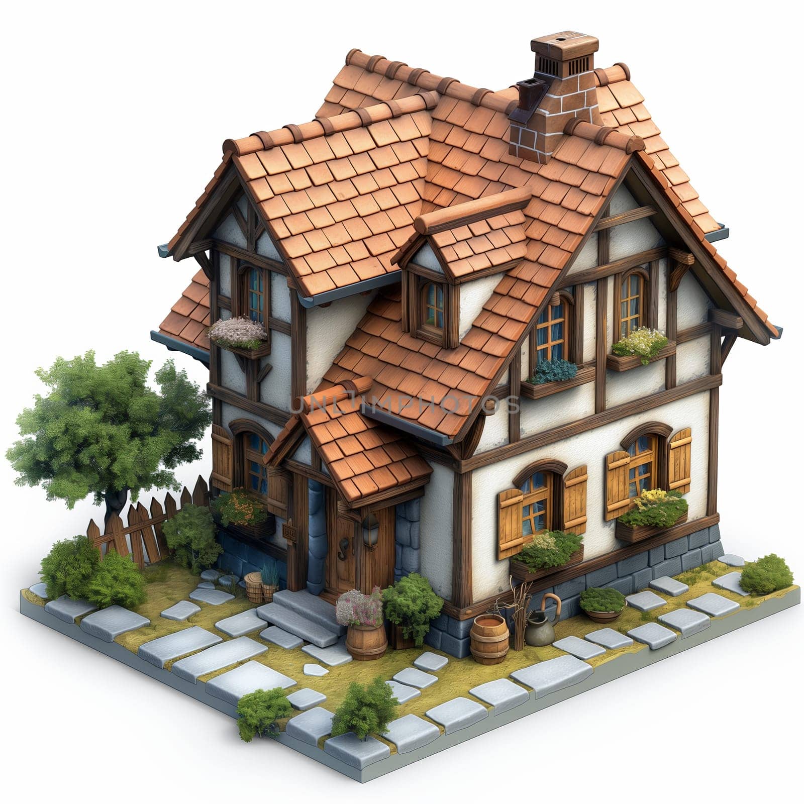 Detailed 3D model of a house with a complex wooden frame. Selective soft focus.
