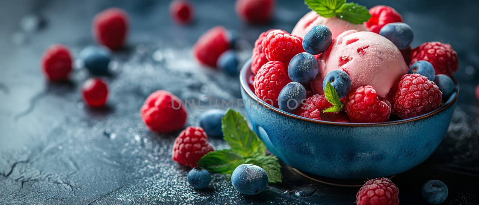 Ice cream with raspberries and blueberries. Selective focus.