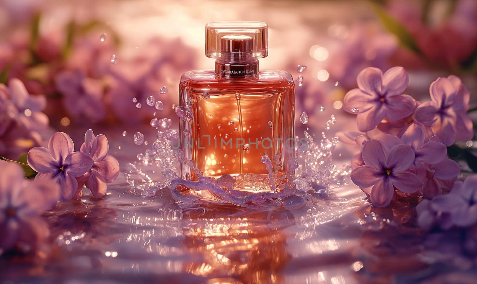 Elegant Perfume Bottle Amidst Lilac Flowers. Selective focus