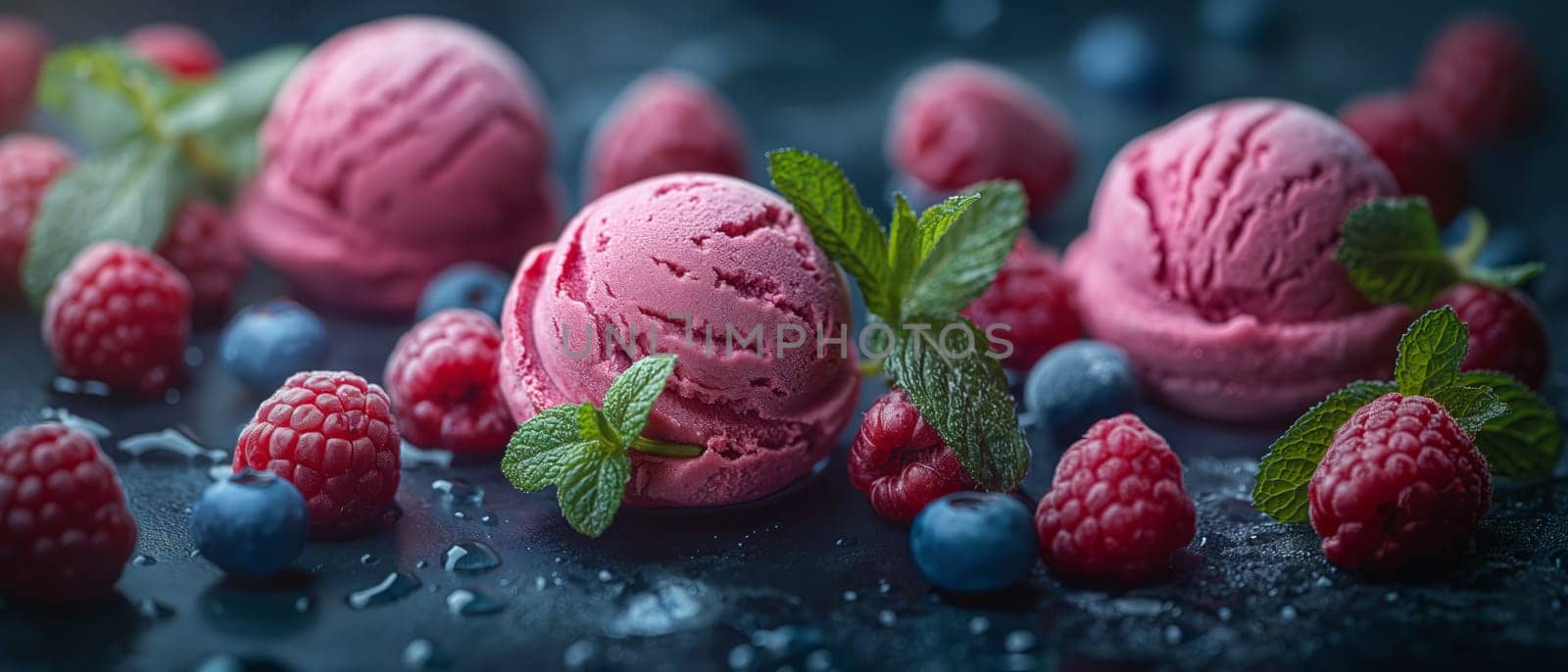 Ice cream with raspberries and blueberries. Selective focus.