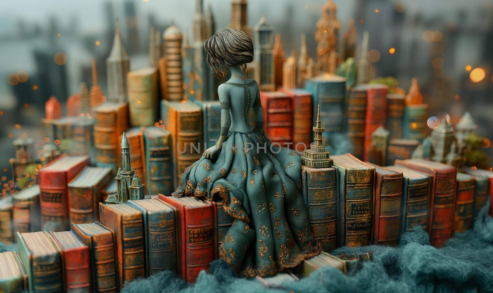 Girl Sitting on Stack of Books. Selective focus