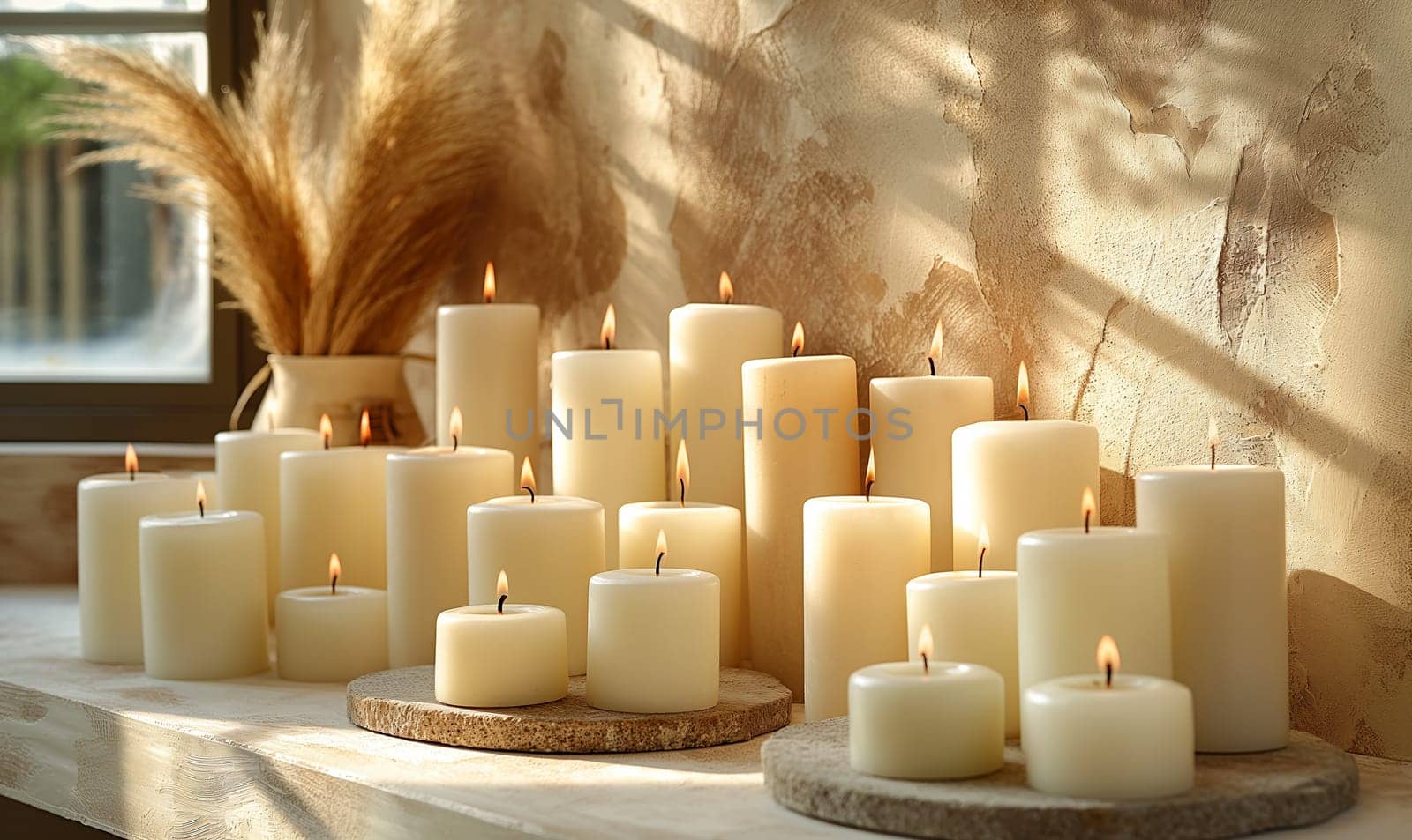 Group of White Candles on Wooden Table. by Fischeron