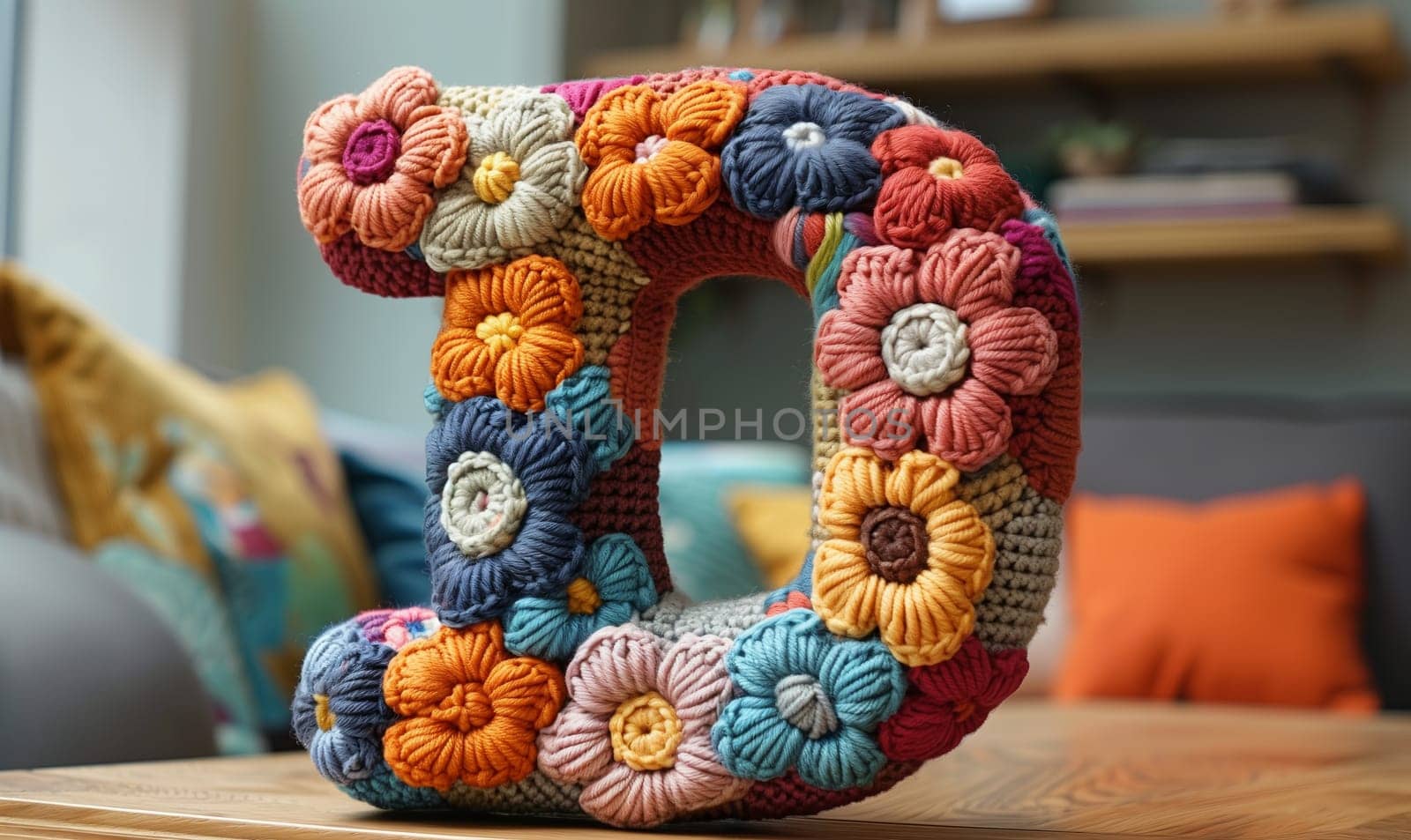 Knitted colored letter D on an abstract background. by Fischeron