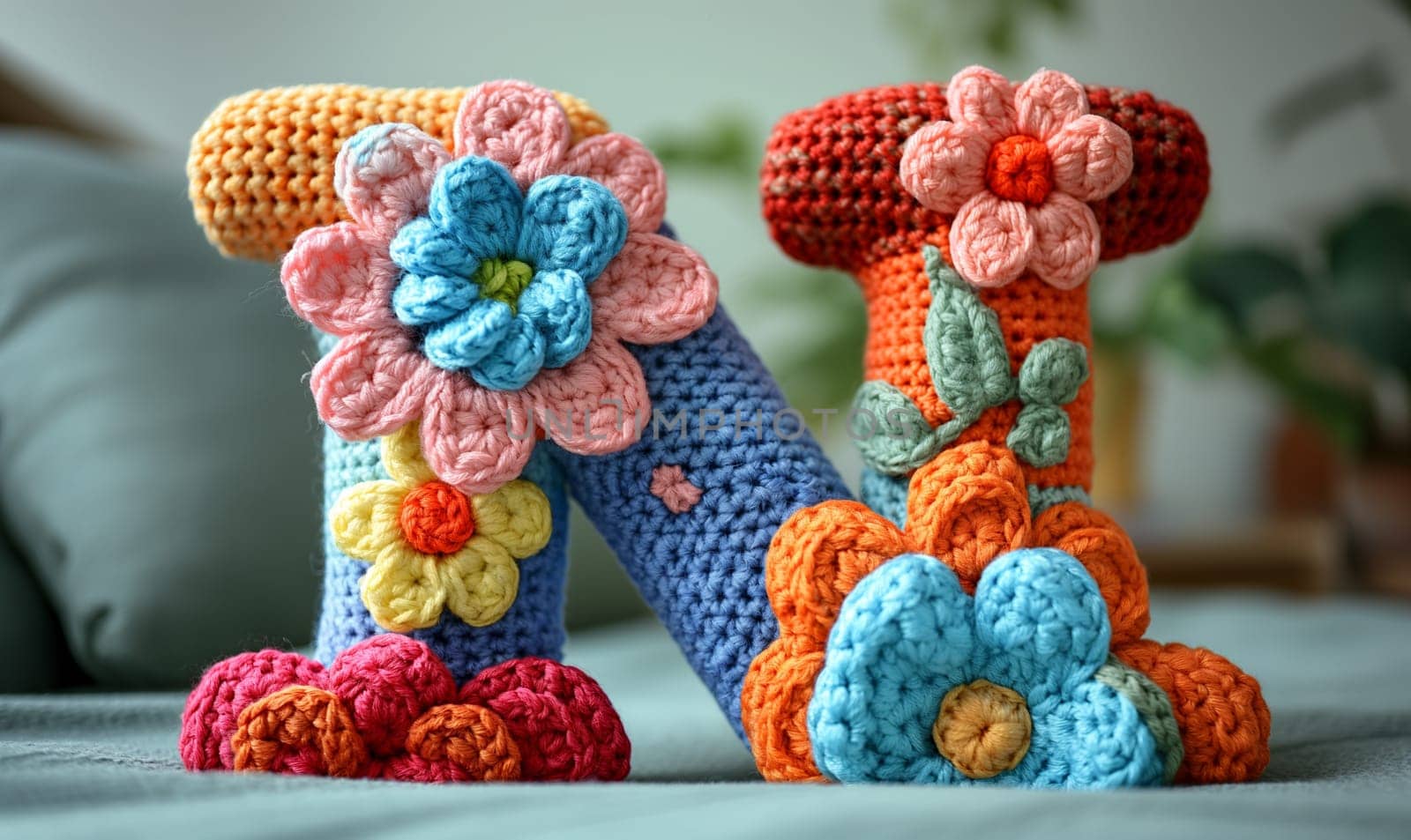 Knitted colored letter N on an abstract background. by Fischeron