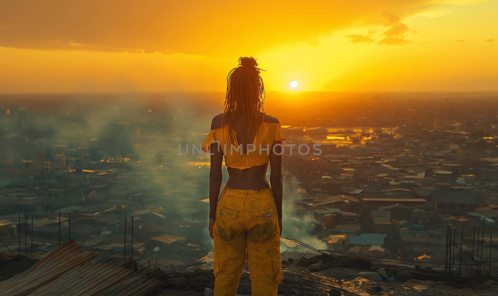 Woman Standing on Building at Sunset. Selective focus