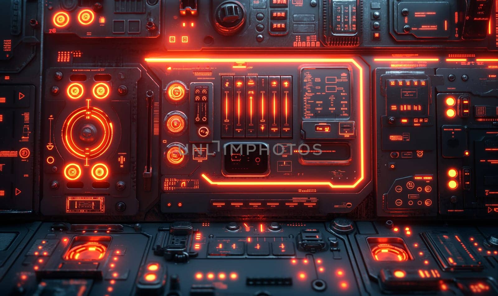 Futuristic Computer With Orange Lights. Selective focus.