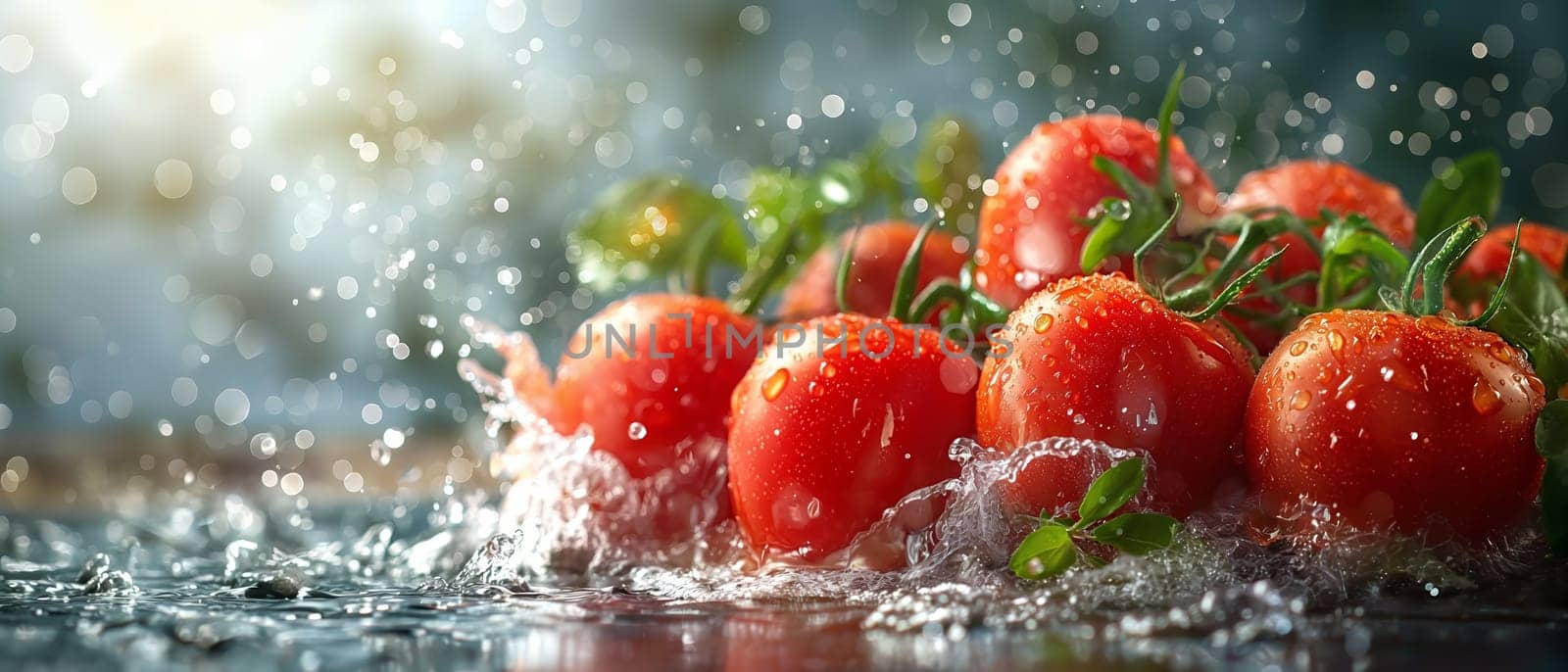 Water Splashes on Tomatoes. Selective focus.