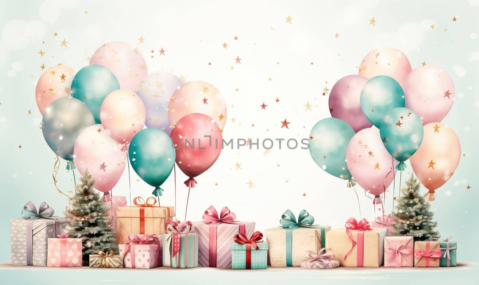 Colorful Background With Balloons and Presents. Selective focus.