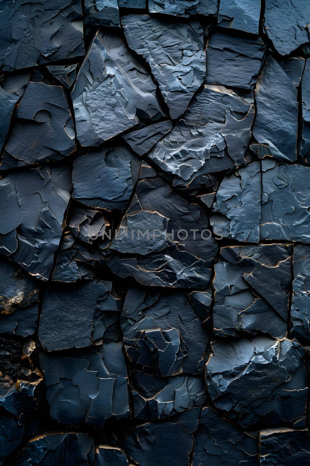 A close up of a composite material rock wall in electric blue and grey pattern, resembling cobblestone. This building material is reminiscent of a road surface, with a bedrocklike texture