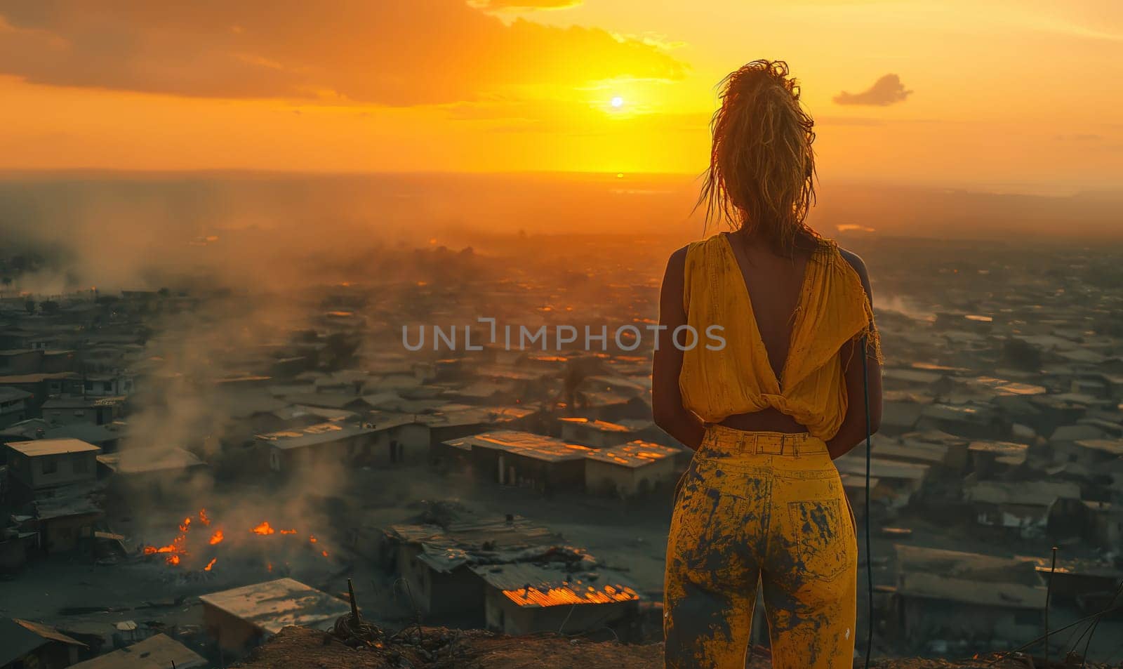 Woman Standing on Building at Sunset. Selective focus