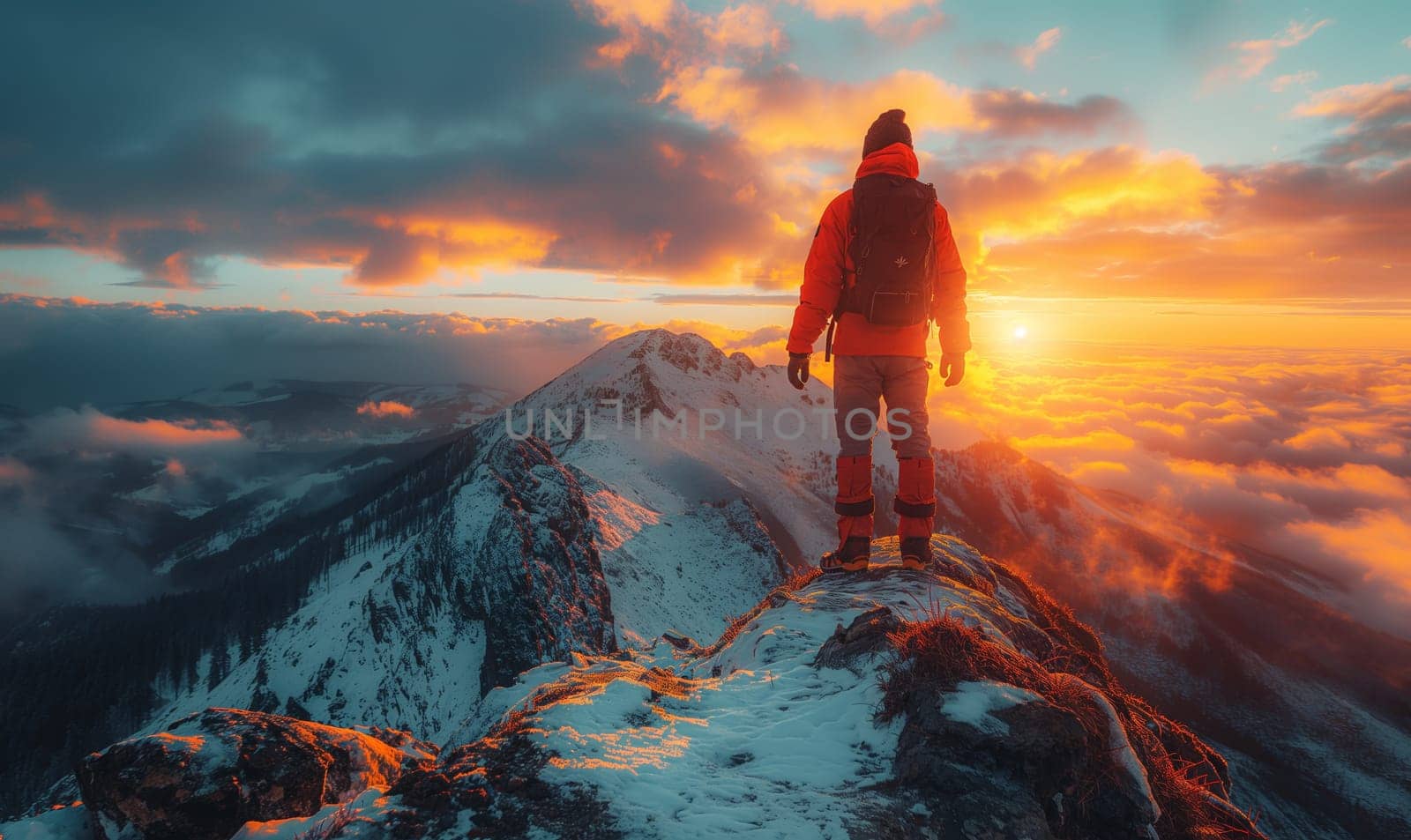 Man Standing on Snow Covered Mountain. Selective focus