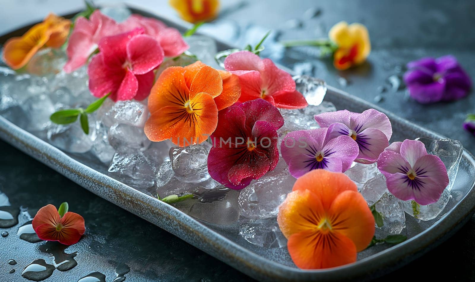 Tray With Ice and Colorful Flowers. by Fischeron