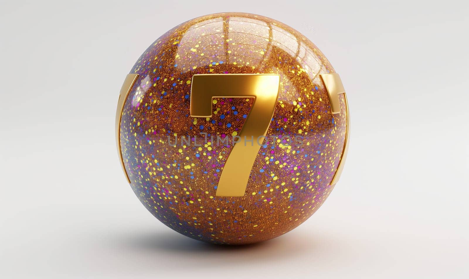 Golden ball with a number 7 on a white background. Selective focus.
