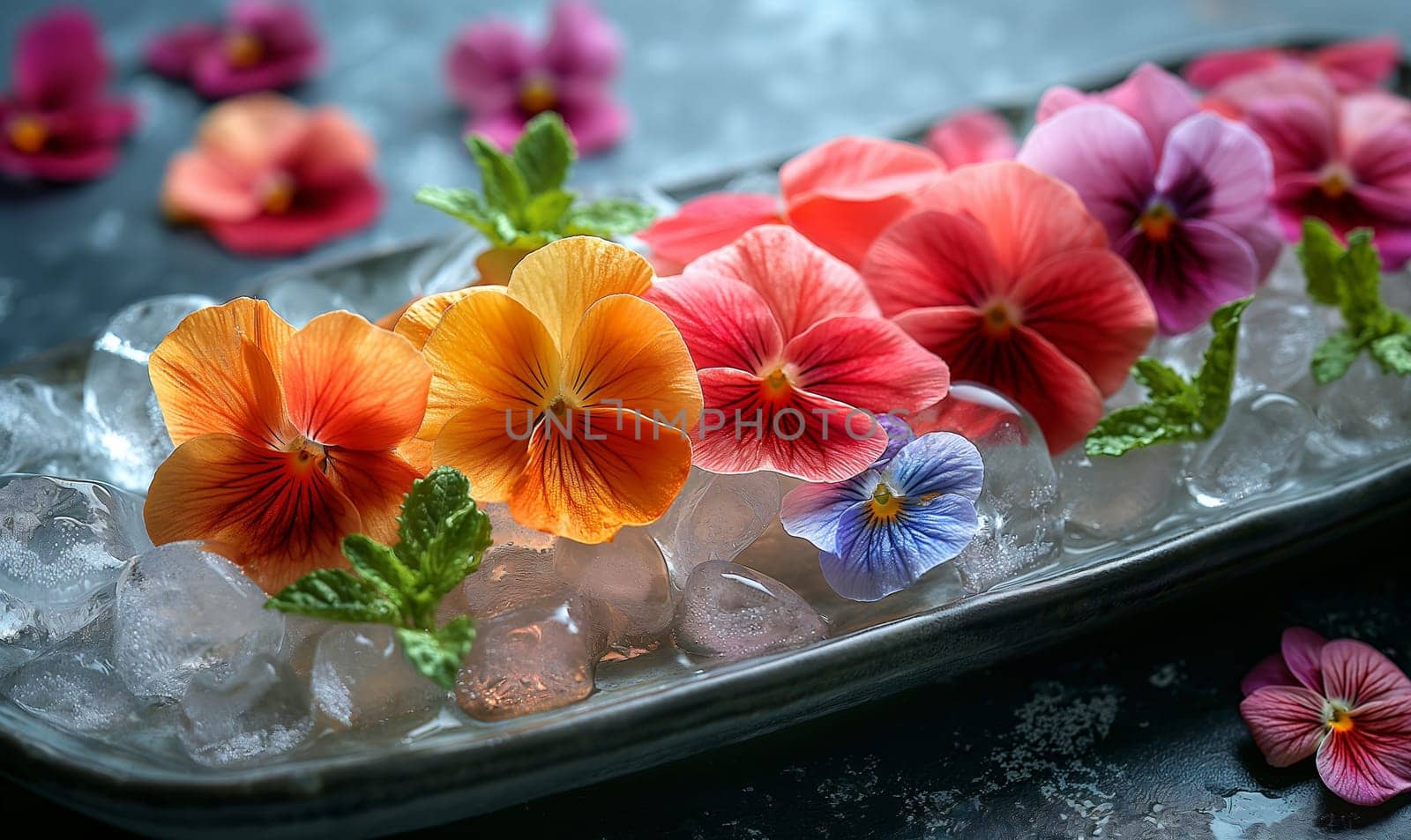 Tray With Ice and Colorful Flowers. by Fischeron