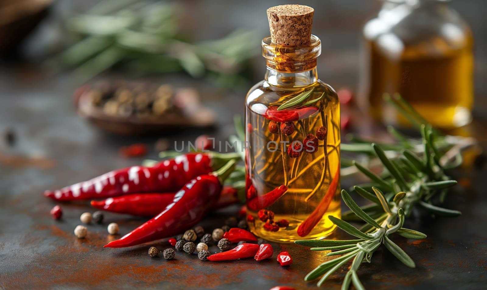 Bottle of Olive Oil and Spices on Table. by Fischeron