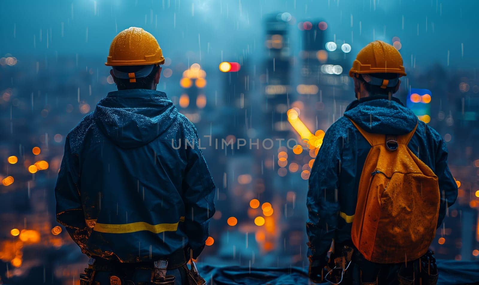 Construction Workers Admiring City in Rain. Selective soft focus.