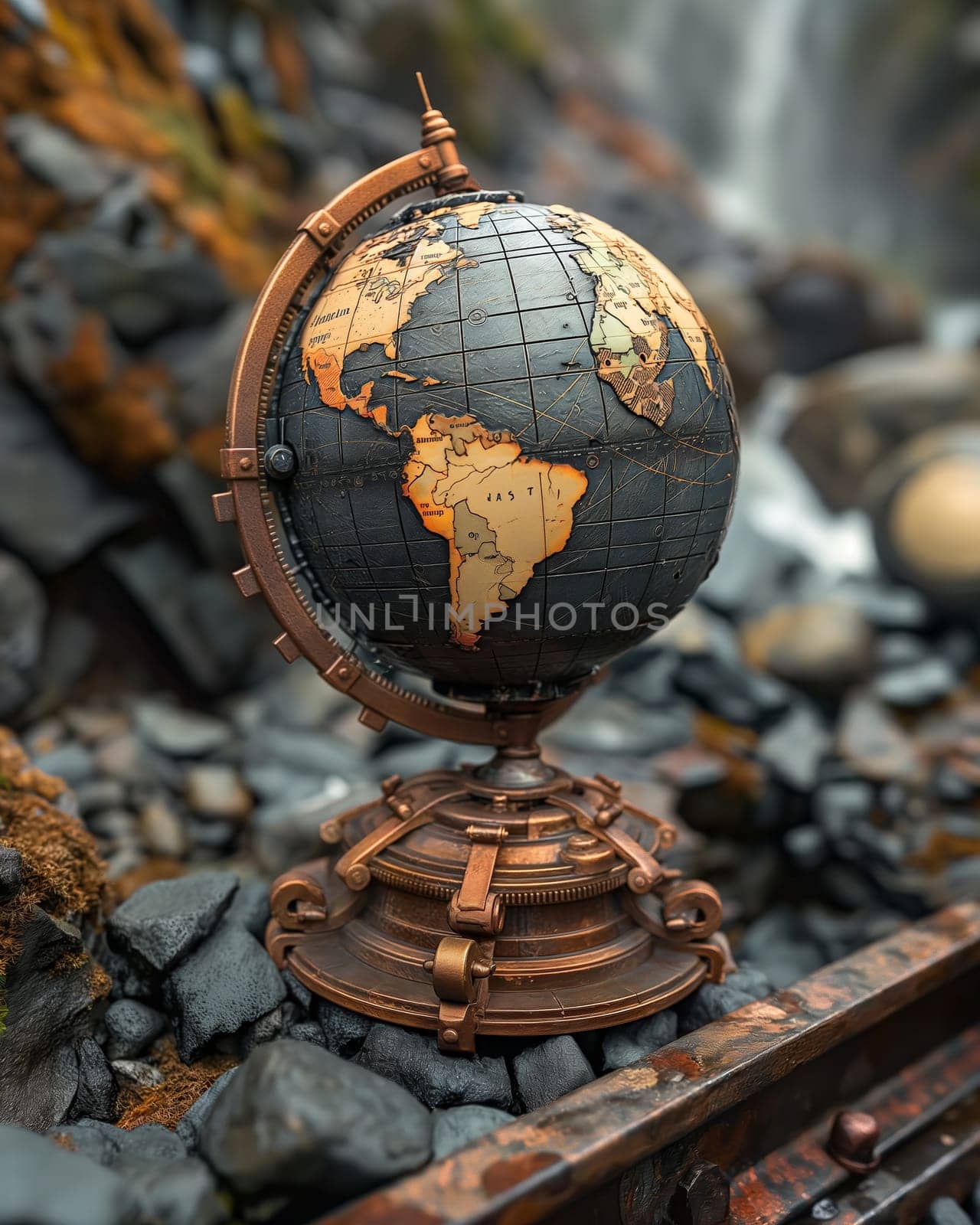 Steampunk globe on stones. Selective focus.