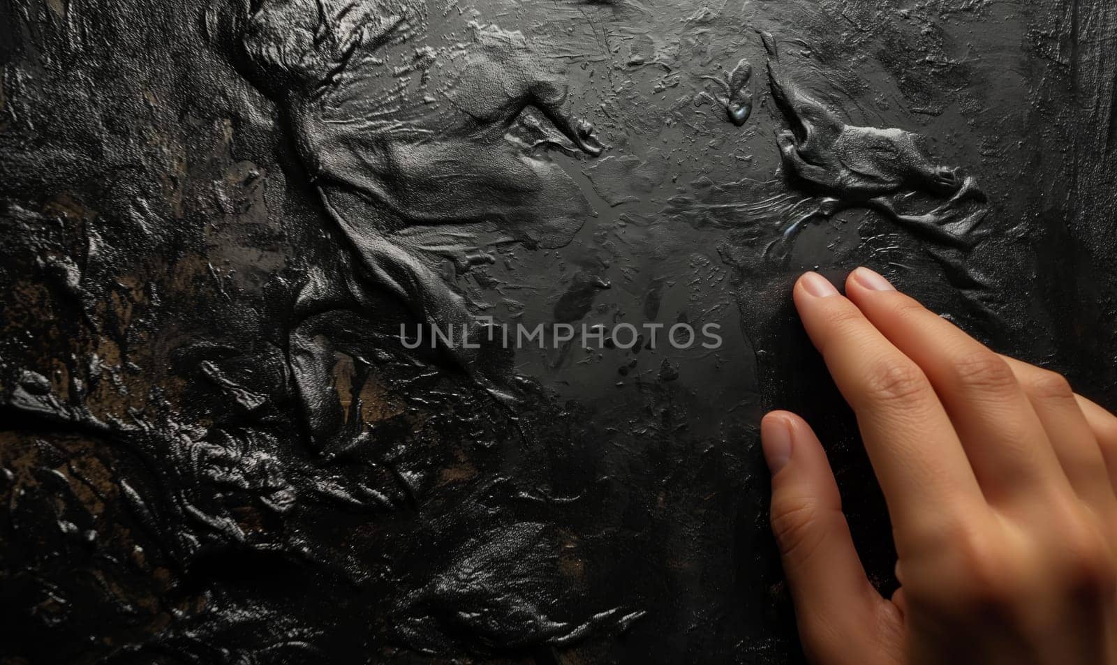 Persons Hand Touching Black Wall. Selective soft focus.