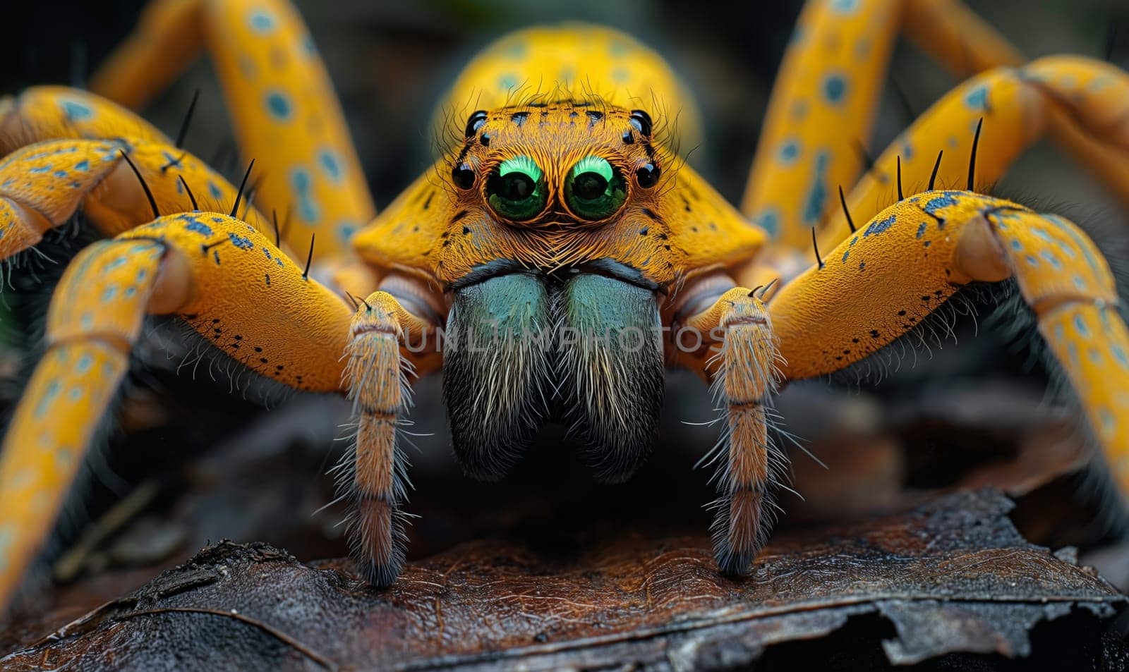 Yellow Spider With Green Eyes Close Up. Selective focus