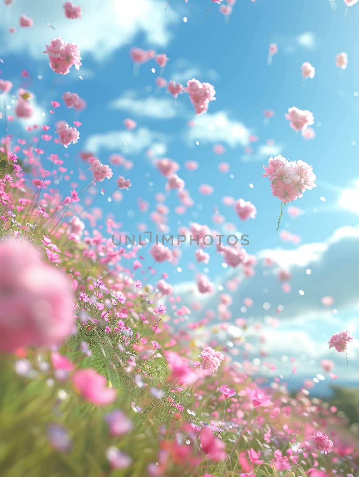 A field of pink flowers with a blue sky in the background. The flowers are scattered all over the field, creating a sense of freedom and joy. The scene is peaceful and serene