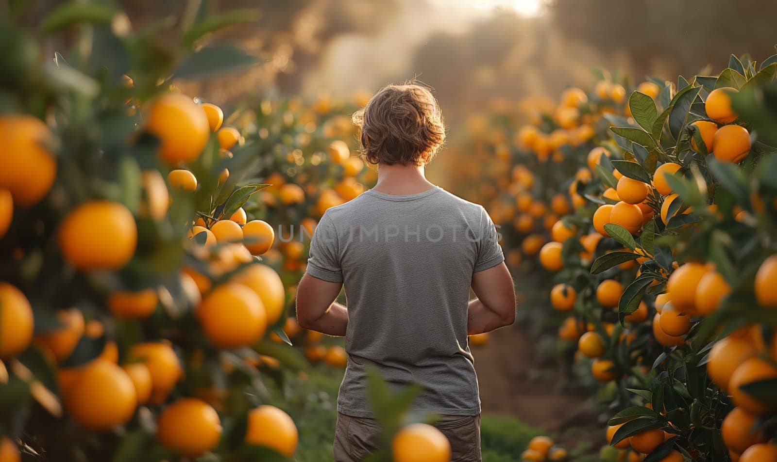 Man Walking in Orange Orchard. by Fischeron