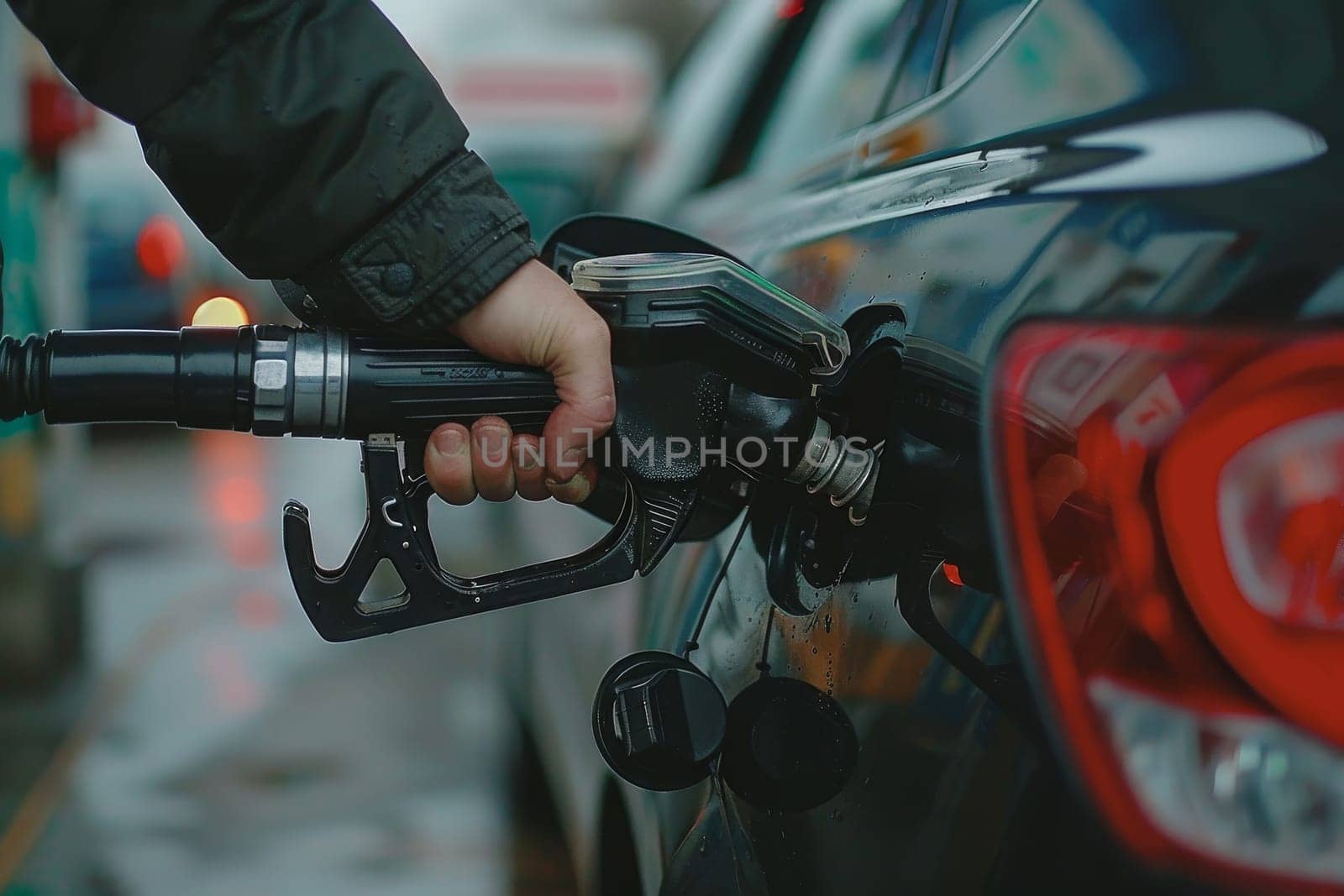 A black car is charging at a charging station. The car is parked on a wet street, and the lights of the car and the street are glowing in the dark. Concept of modern technology