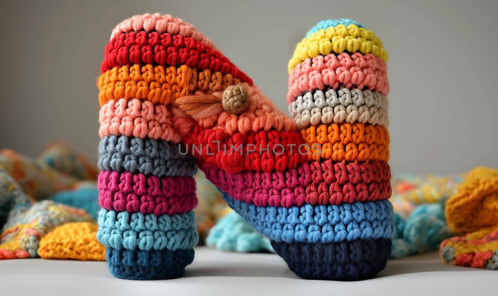 Knitted colored letter N on an abstract background. Selective focus.
