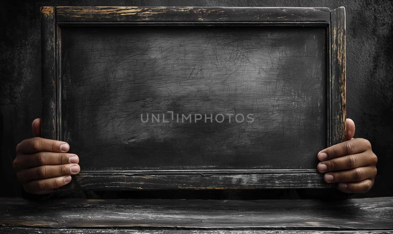 Hands holding a board with a dark background, space for text. Selective focus