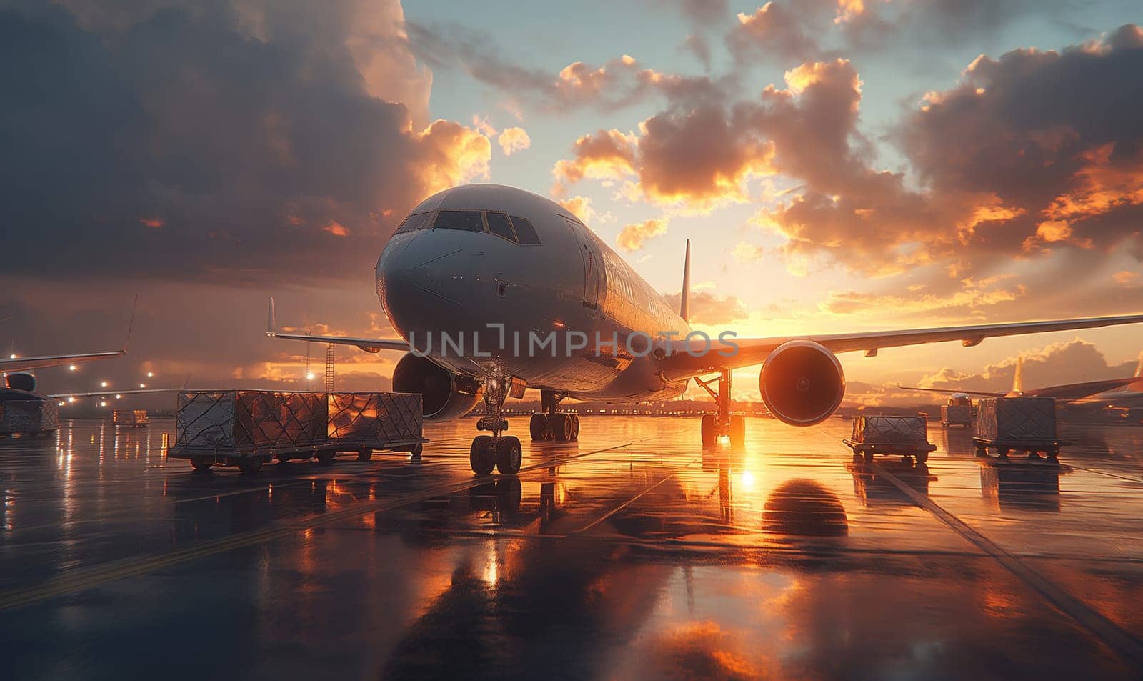 Sunset View of Airplane on Wet Tarmac. Selective focus.