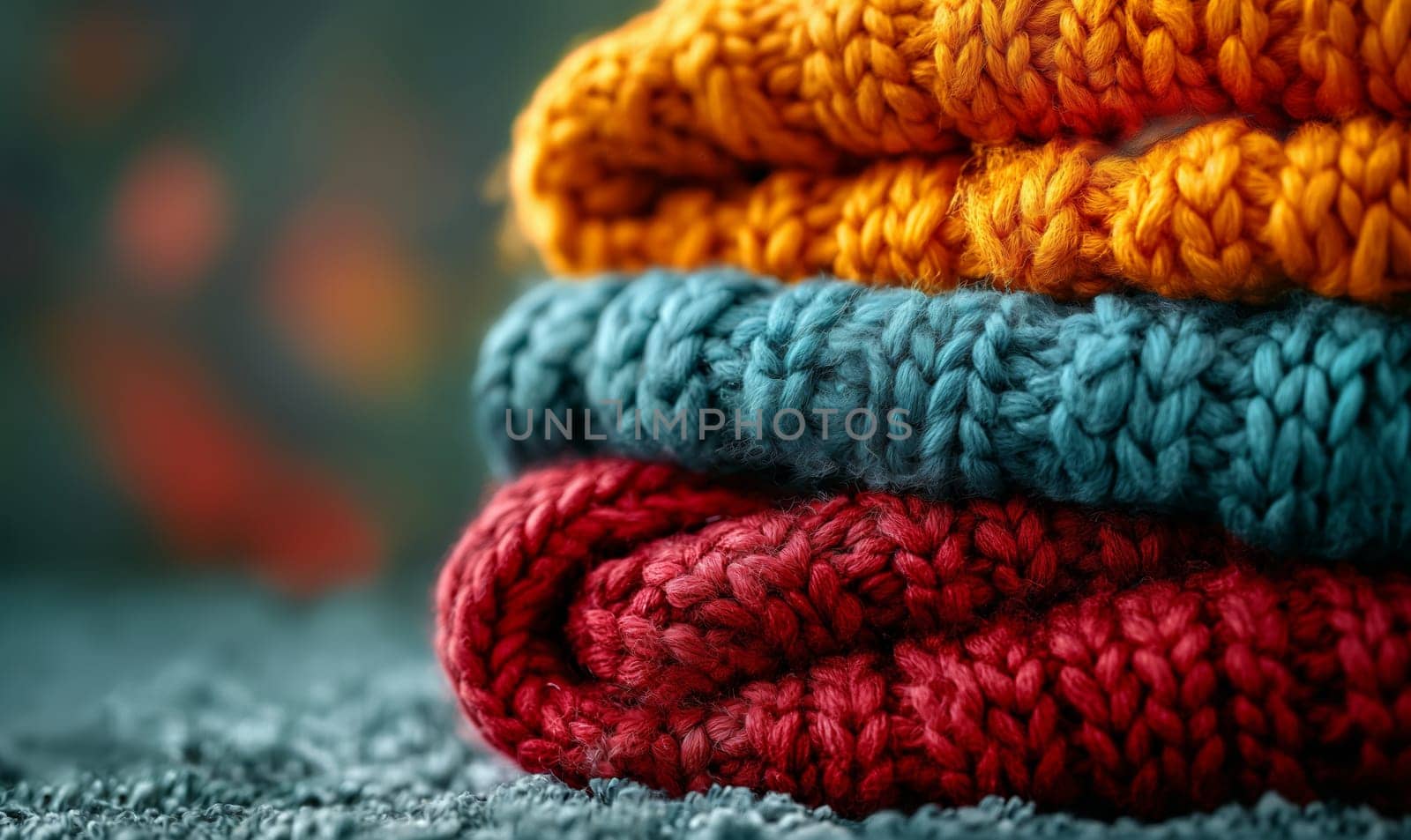 A stack of knitted items on a blurred background. Selective focus.