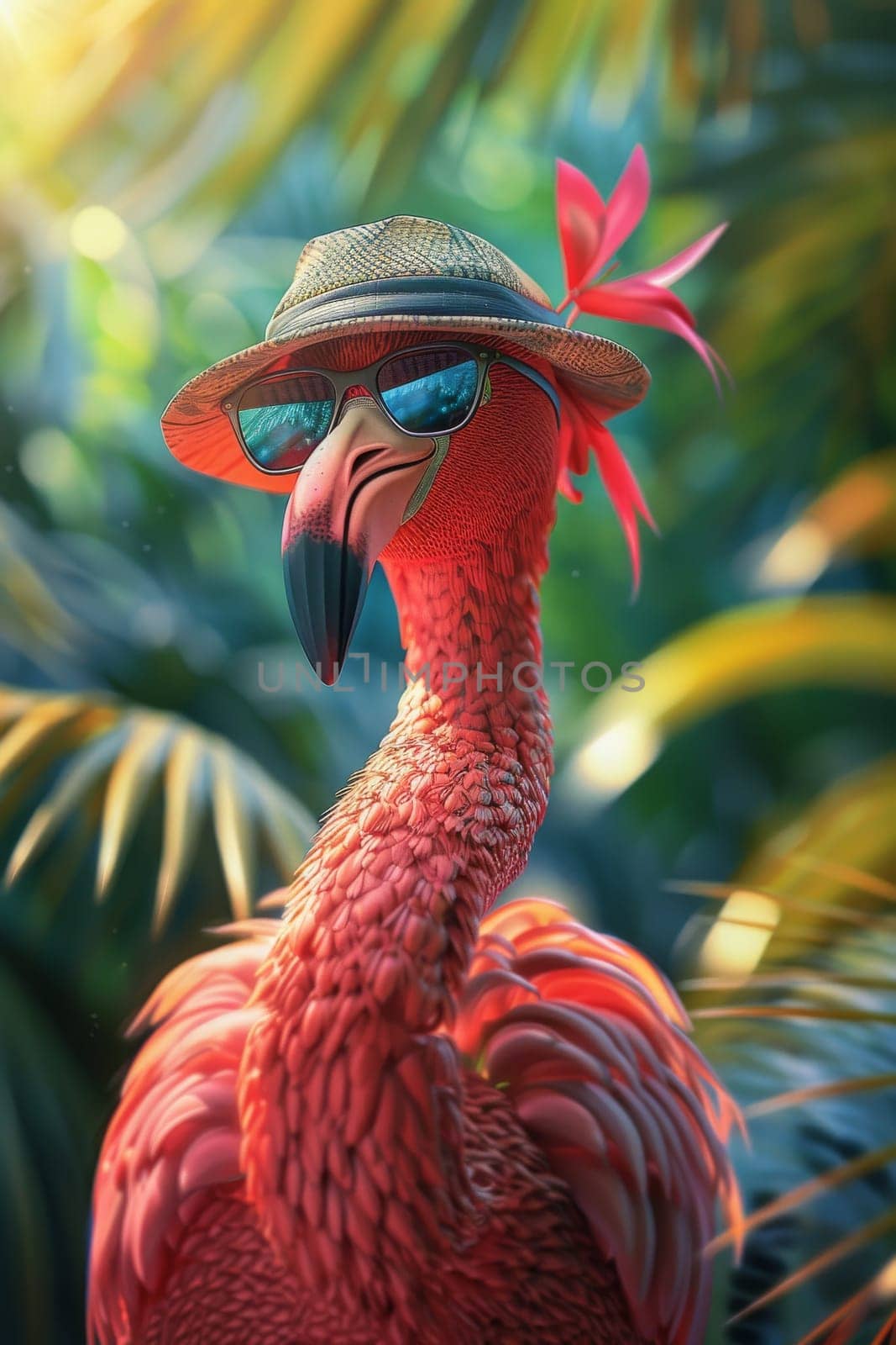 A cartoon flamingo wearing a hat and sunglasses. The flamingo is smiling and looking at the camera
