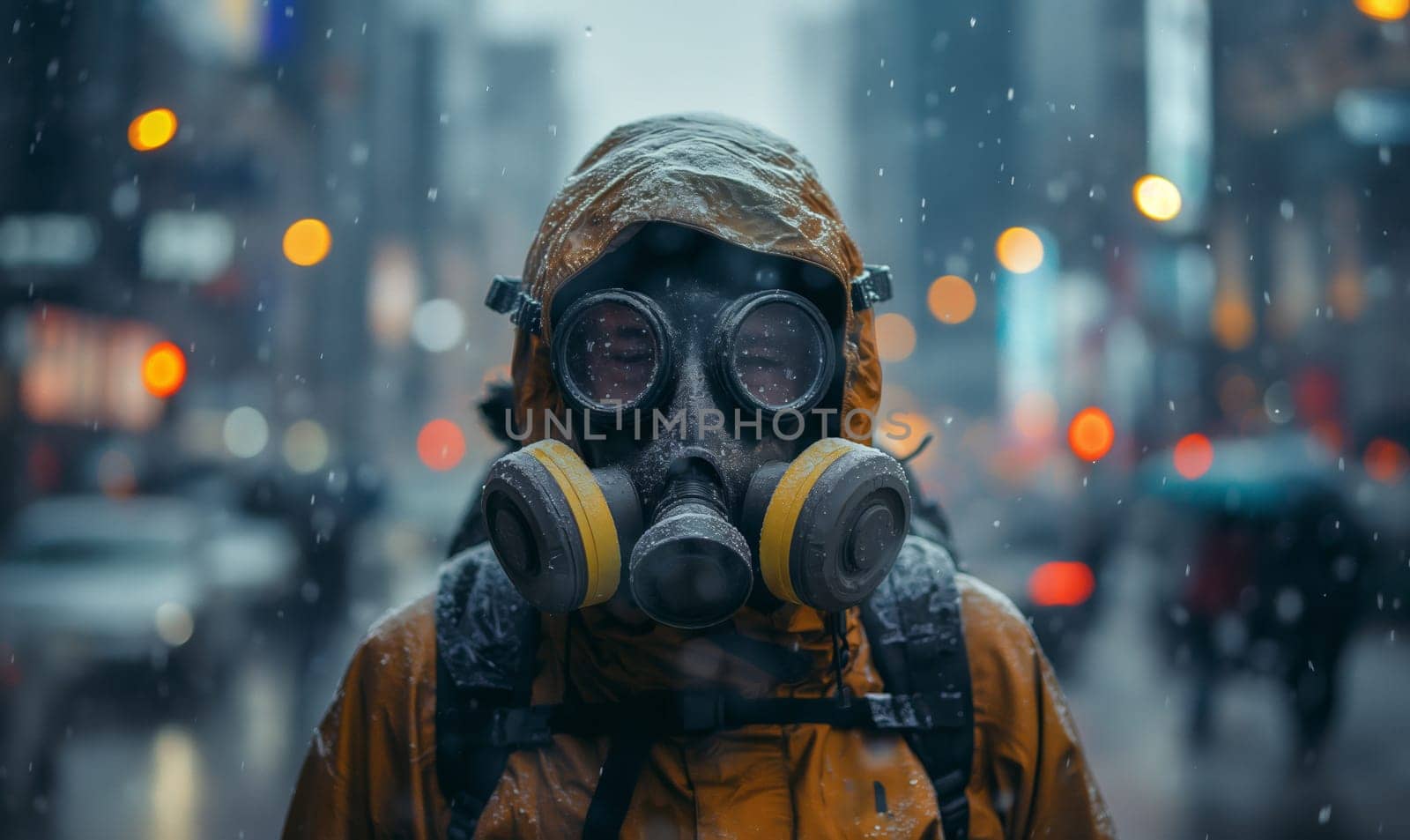 A man in a gas mask on the street. Selective focus