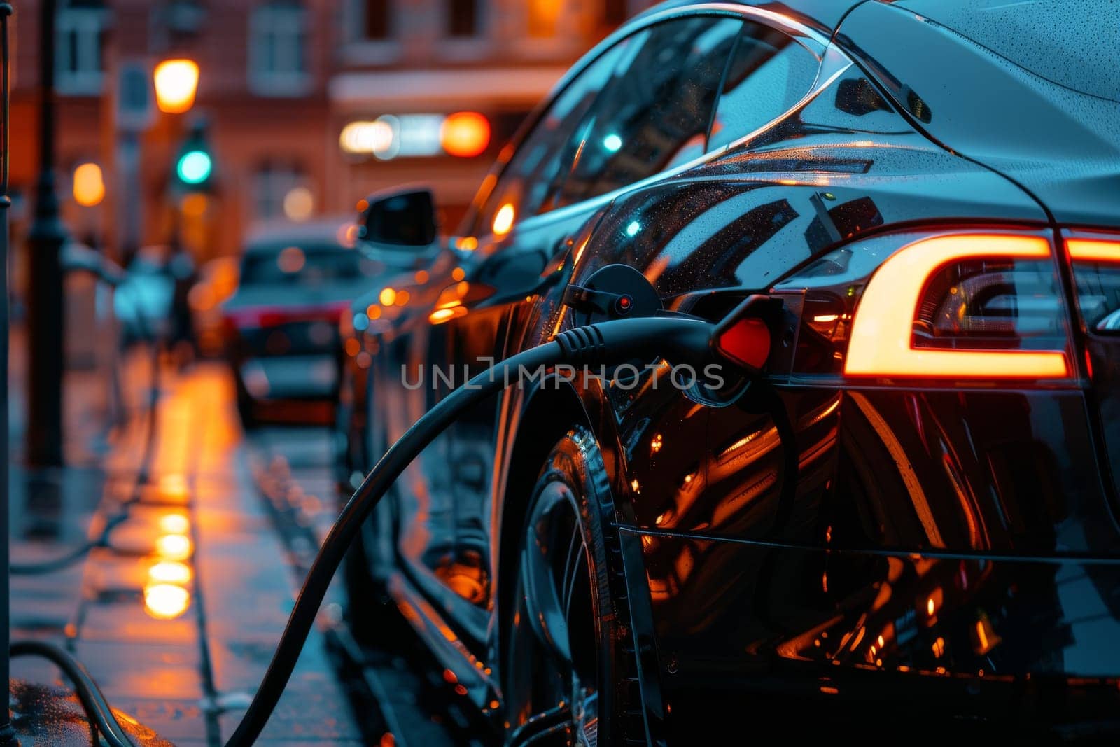 A black car is charging at a charging station. The car is parked on a wet street, and the lights of the car and the street are glowing in the dark. Concept of modern technology